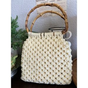 Vintage Cottagecore Boho Small Woven Crochet Macrame Handbag Cream Wood Handle